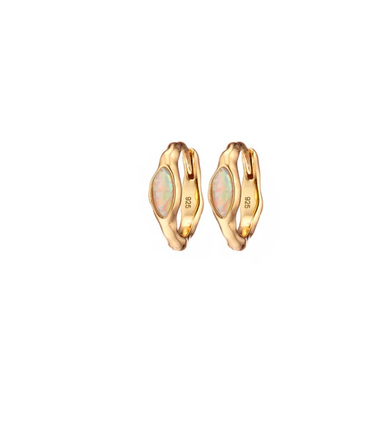 Gold Oval Opal Huggie Earrings