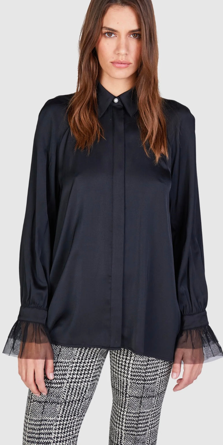 Satin blouse with tulle cuffs