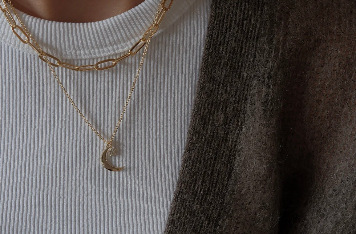 Gold Crescent Moon & Pavé Star Necklace