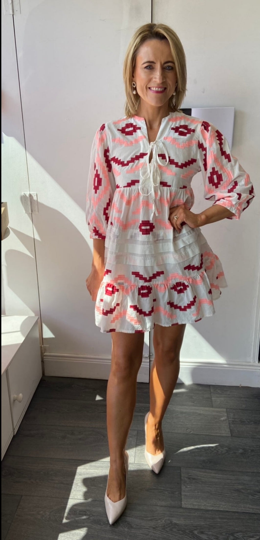 GREEK ARCHAIC Kori pink & white short sleeve dress