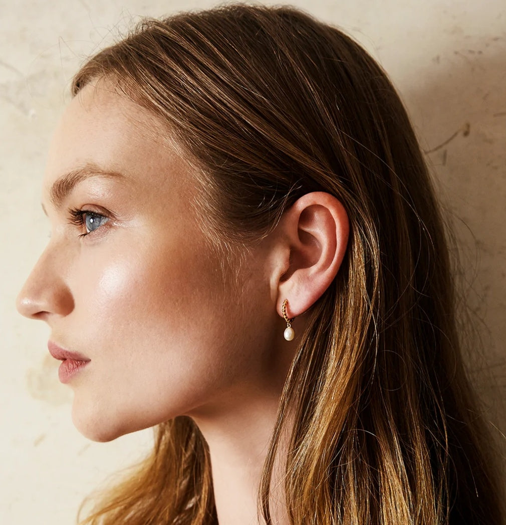 Gold Drop Pearl Huggie Earrings