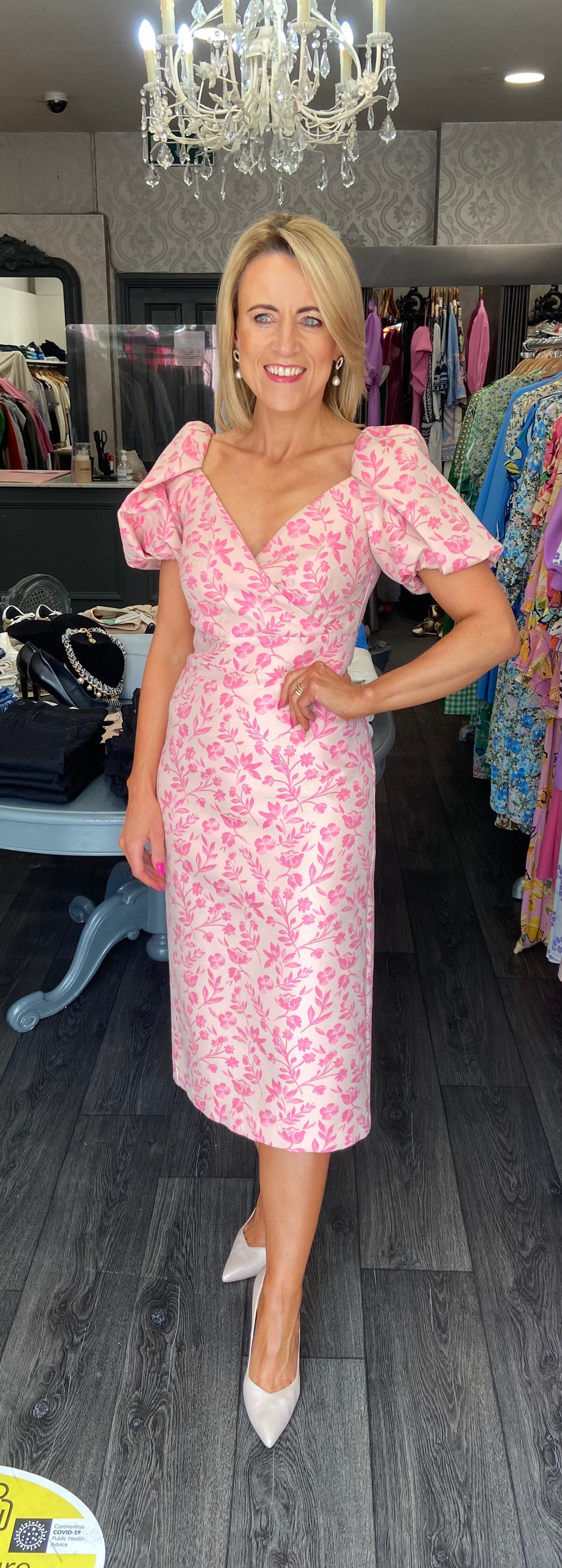 EXQUISE FLORAL PUFF SHOULDER MIDI DRESS,PINK
