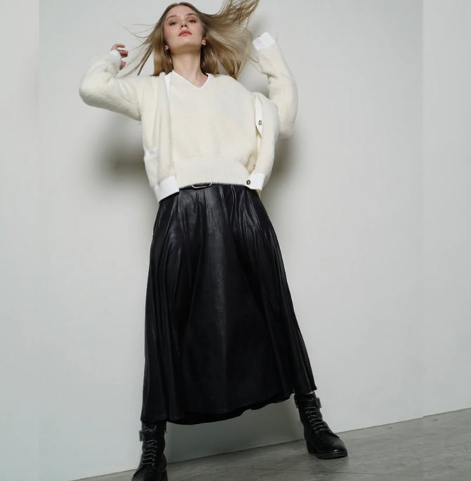 Eva Kayan Black Belted WET LOOK FABRIC  Skirt