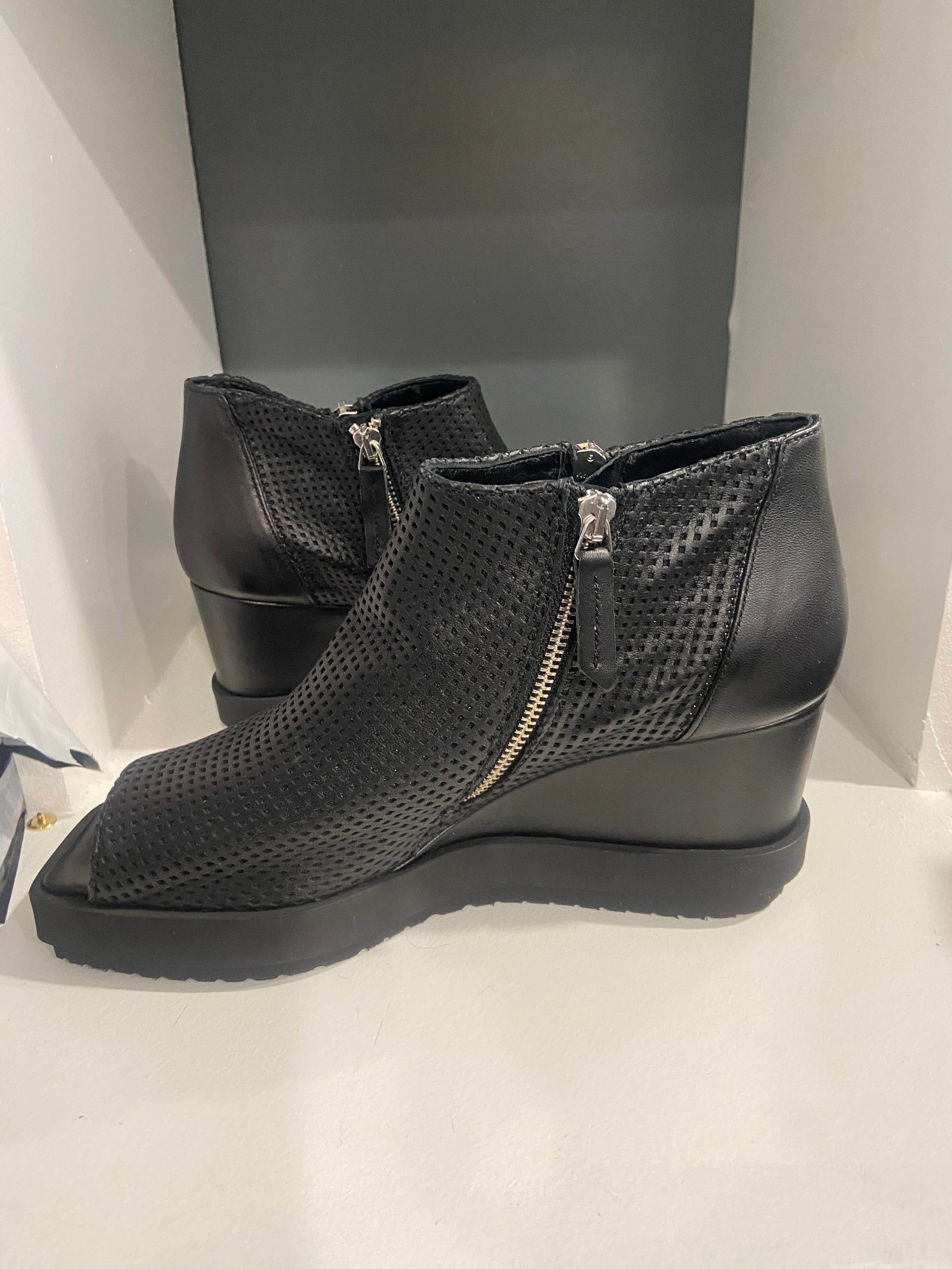 PATRIZIA BONFANTI Reiko Black Lazer Cut Black Wedges with Zip Detail