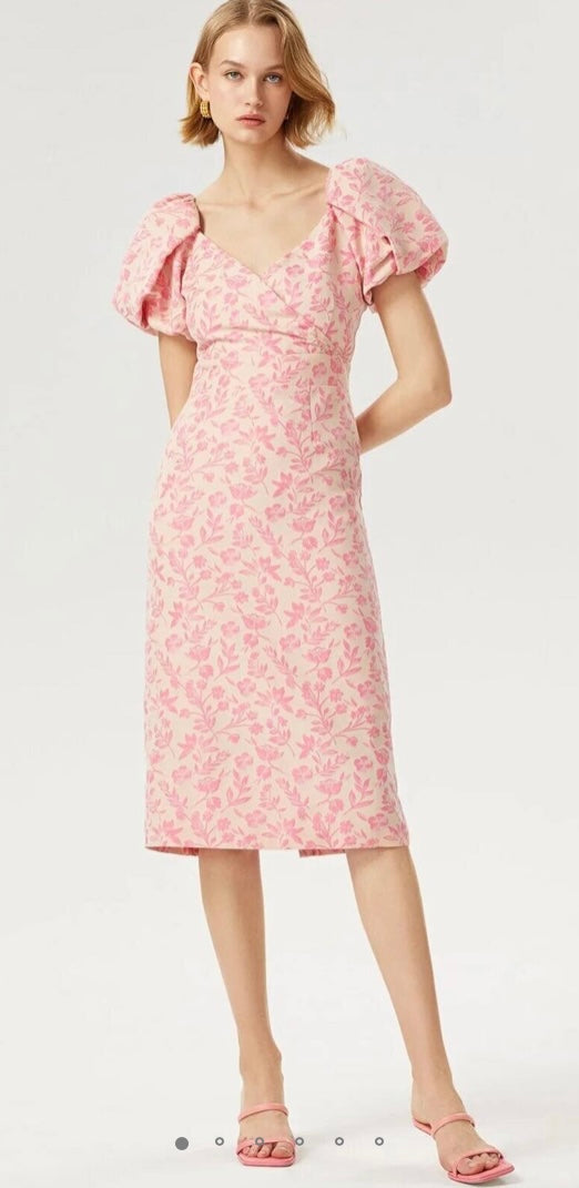 EXQUISE FLORAL PUFF SHOULDER MIDI DRESS,PINK