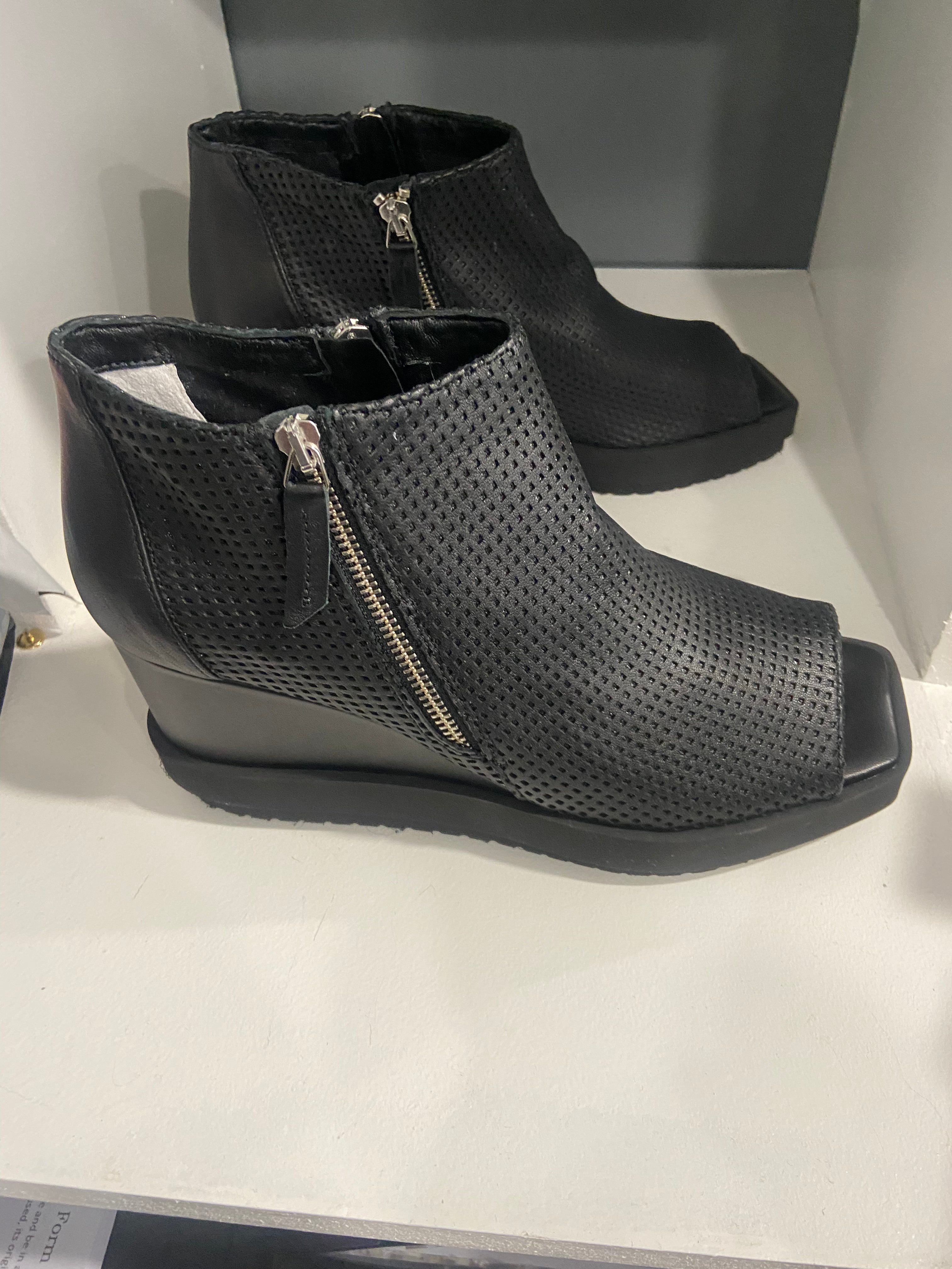 PATRIZIA BONFANTI Reiko Black Lazer Cut Black Wedges with Zip Detail