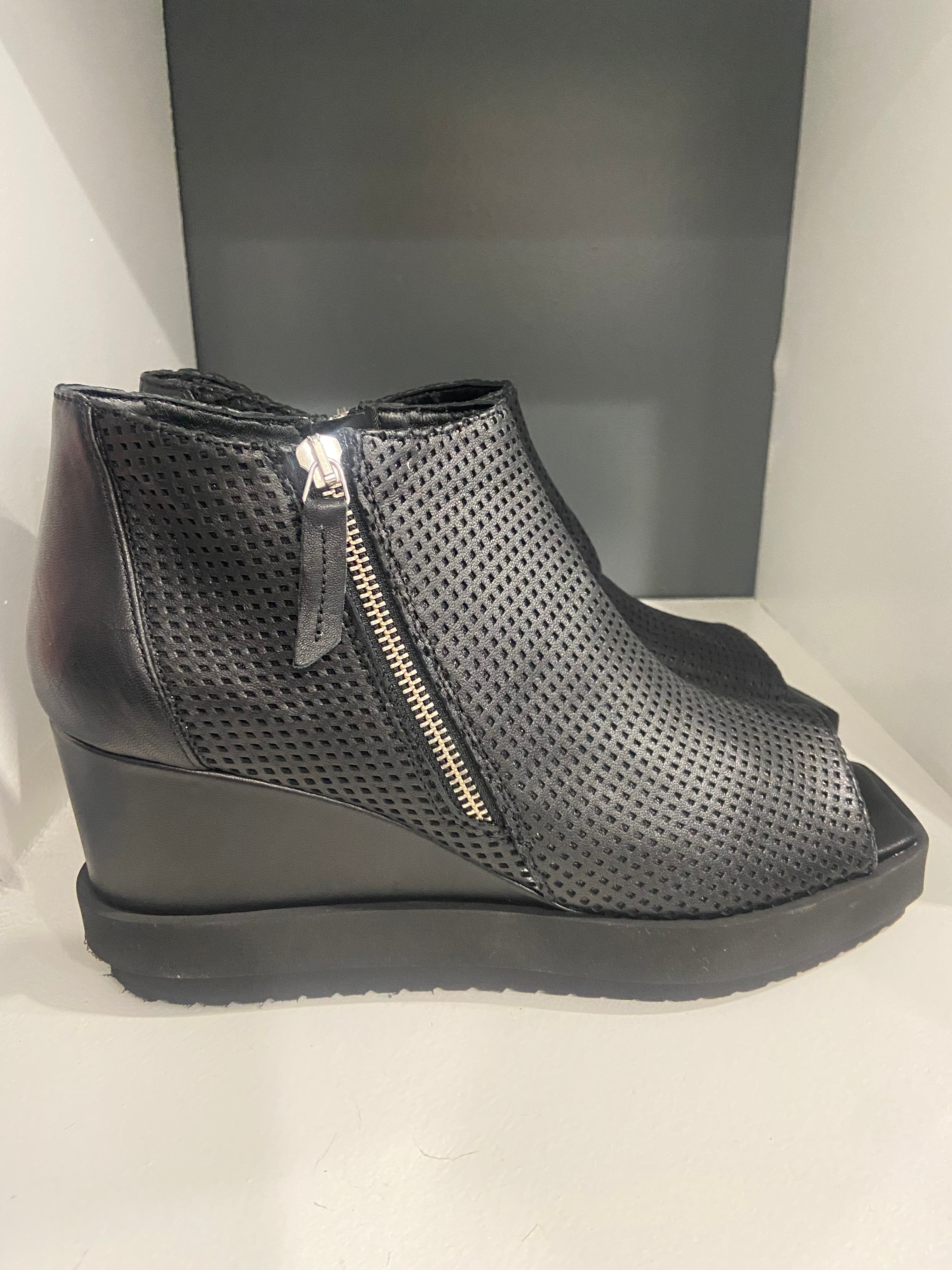 PATRIZIA BONFANTI Reiko Black Lazer Cut Black Wedges with Zip Detail
