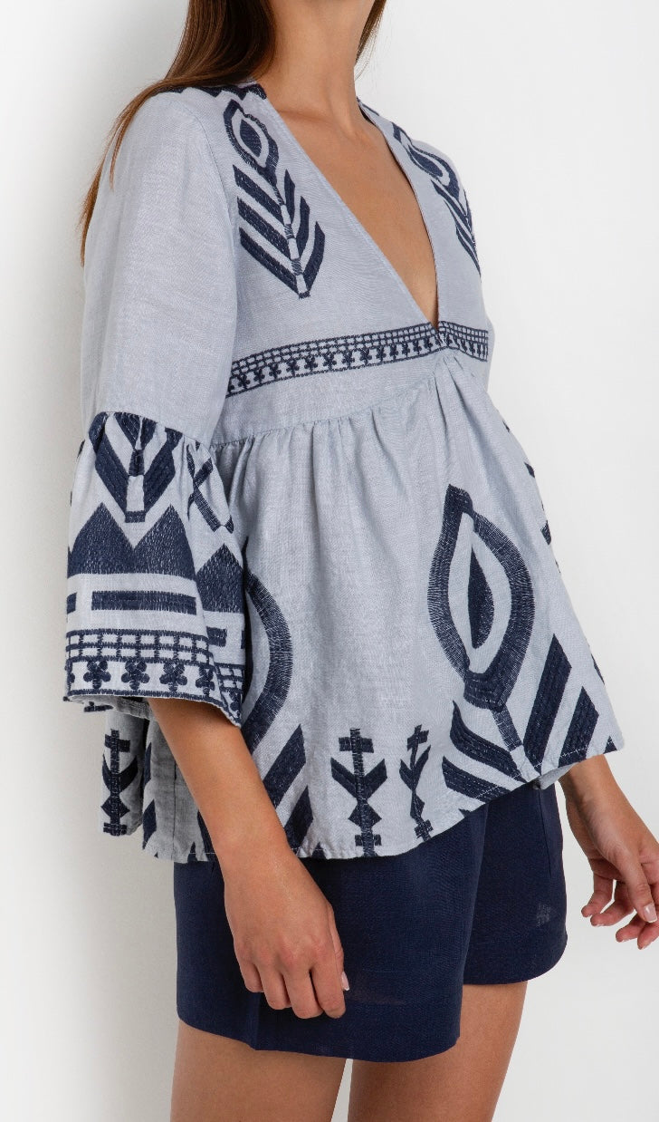 GREEK ARCHAIC KORI BLUE/NAVY V NECK TOP
