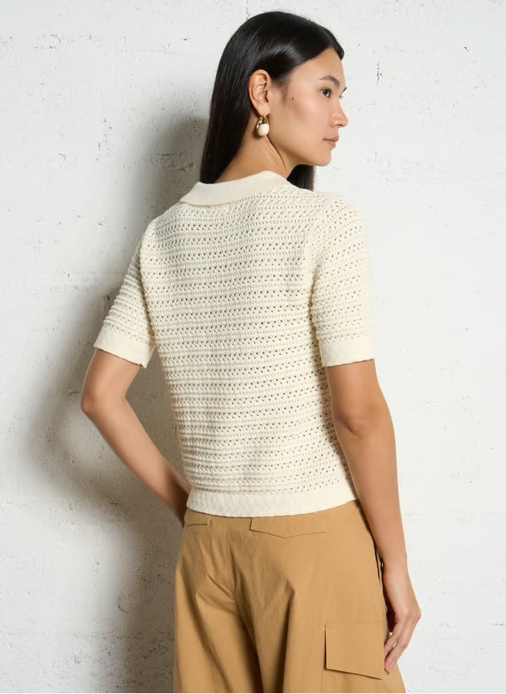 Suncoo Solid color polo neck crochet sweater -Creme – PRAKA