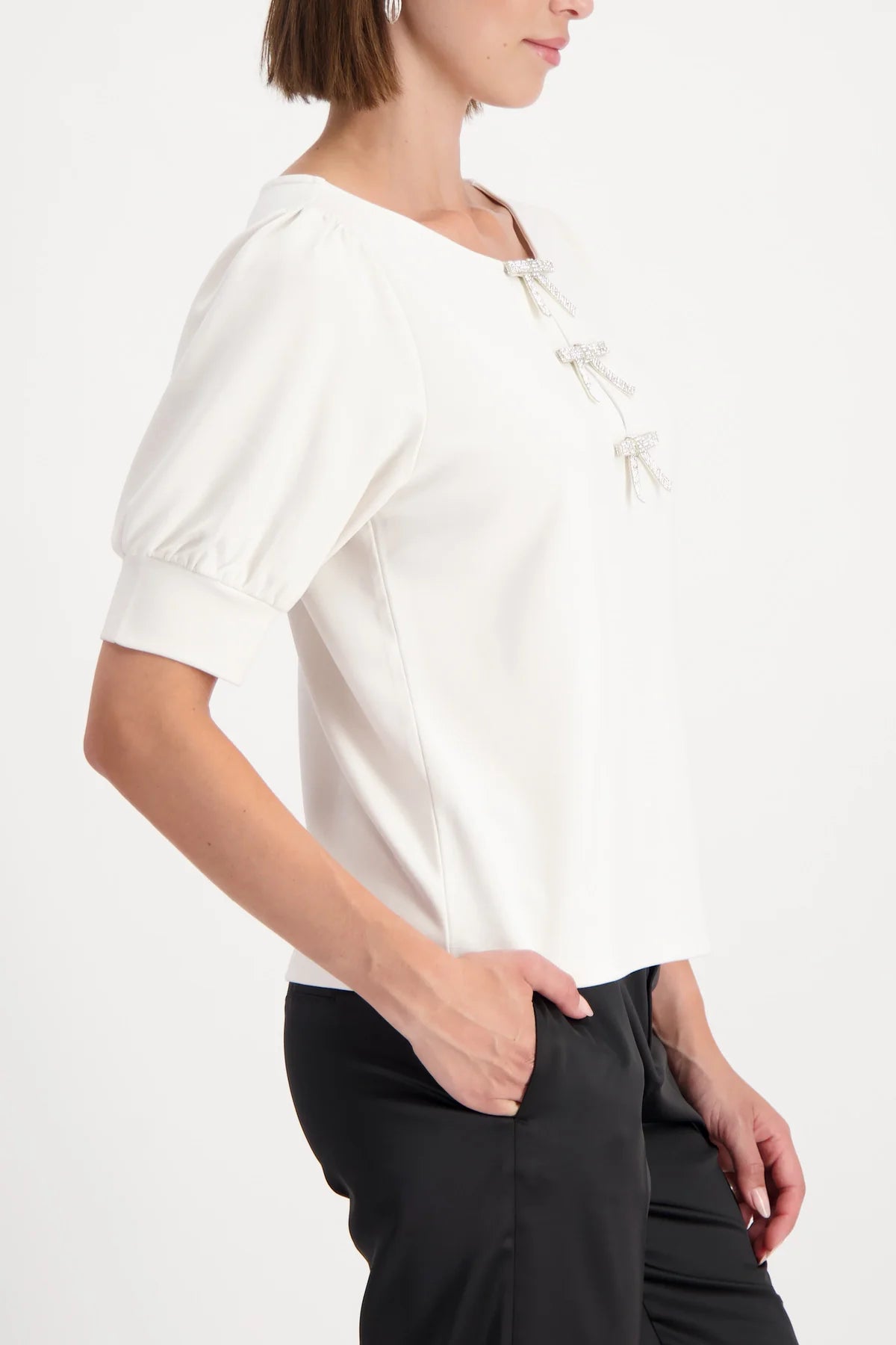 BOW DETAIL SHORT SLEEVE SWEATER - ALMOND