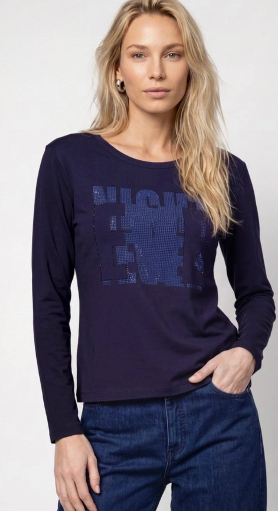 Monari Navy Rhinestone Graphic Long Sleeve Top.
