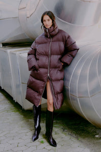 Riya Long Puffer Jacket in choclate plum