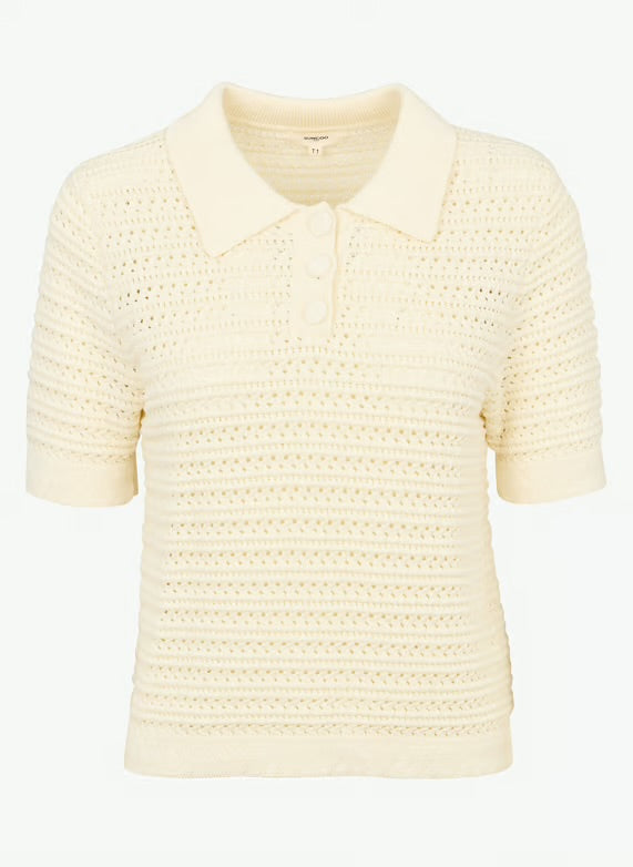 Suncoo Solid color polo neck crochet sweater -Creme – PRAKA