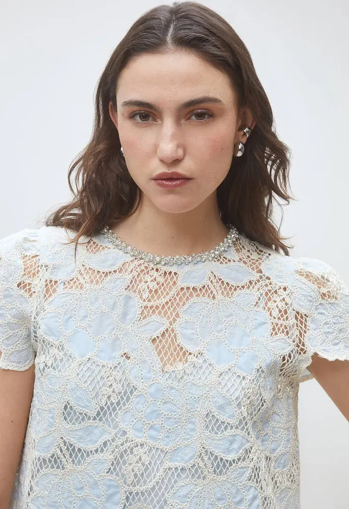 Suncoo Blouse Lexy Blue/Beige Lace Top