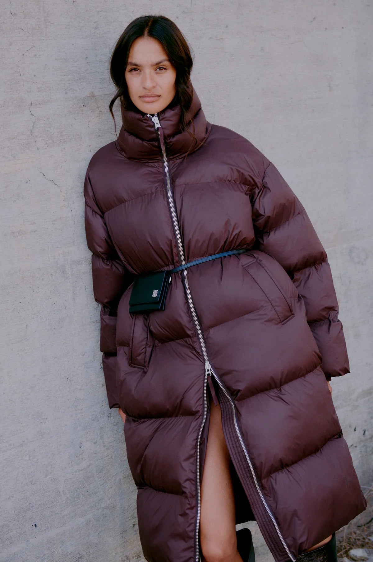 Riya Long Puffer Jacket in choclate plum