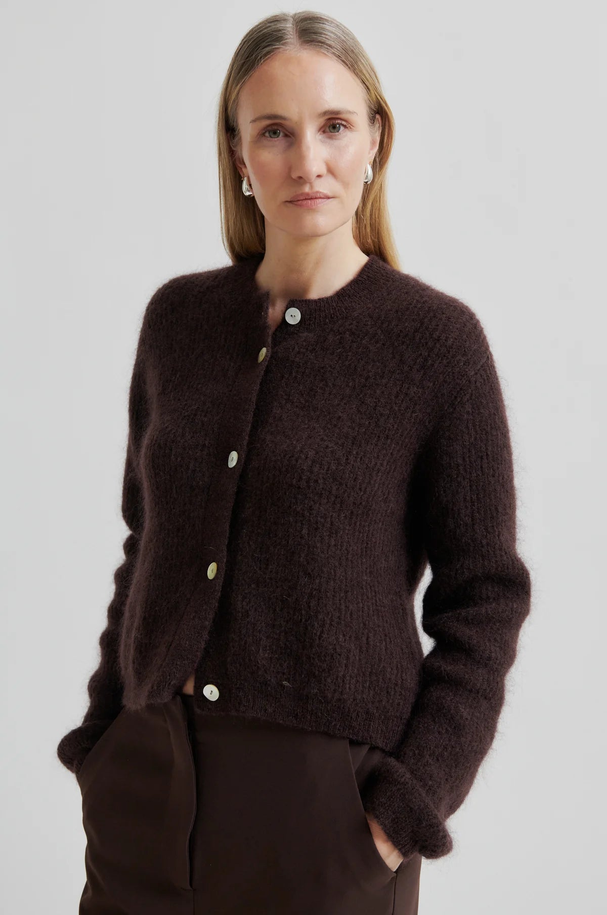 Andrea Knit Rib LS Cardigan in chocolate plum