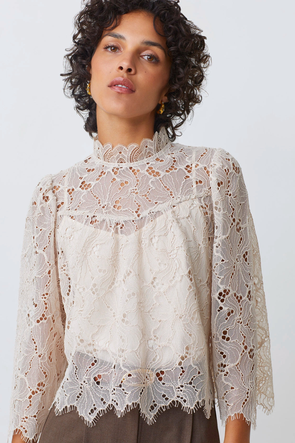 Suncoo
High neck lace blouse - Beige – LUCIA
