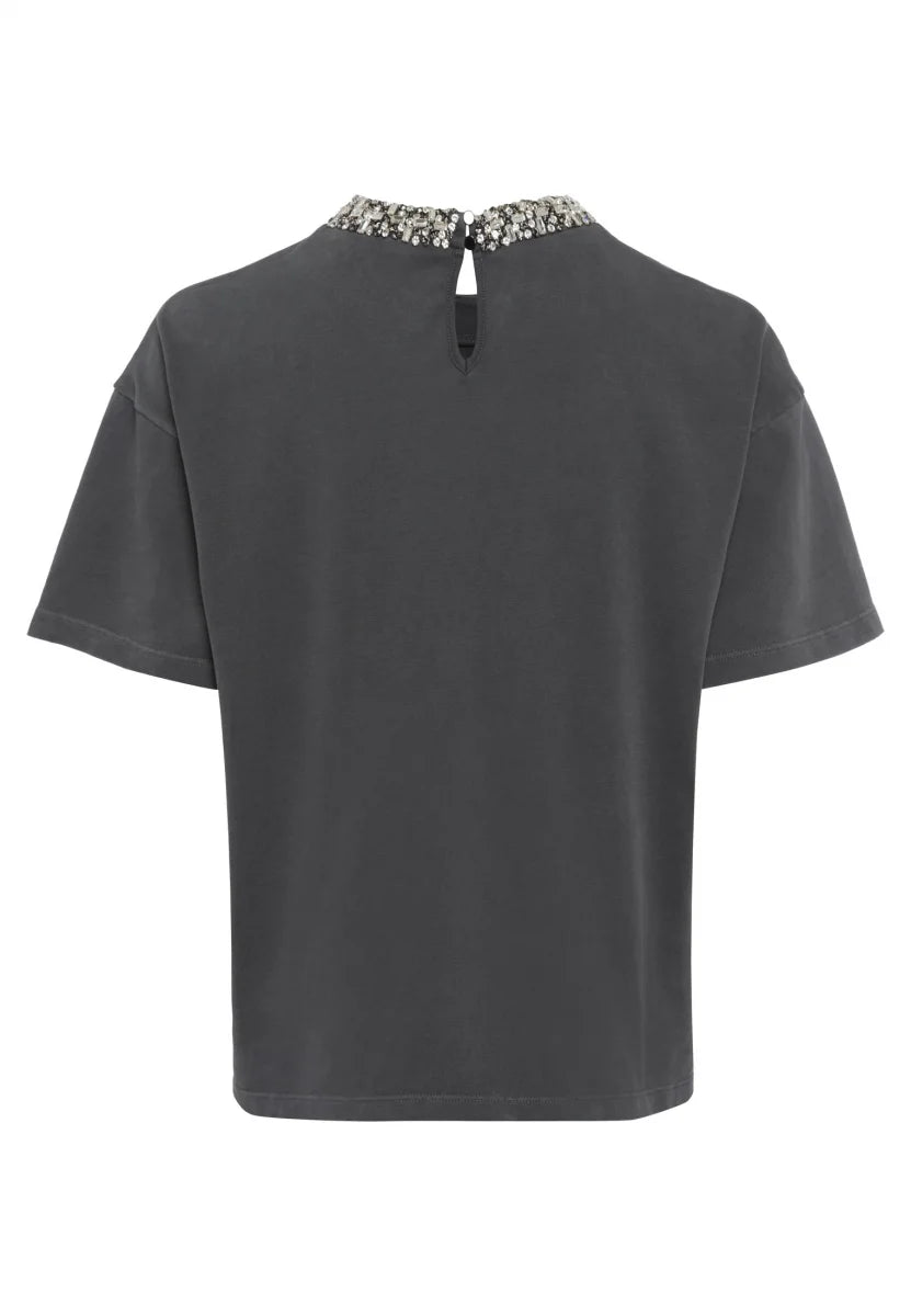 Charcoal T-shirt with sequins and embroidery