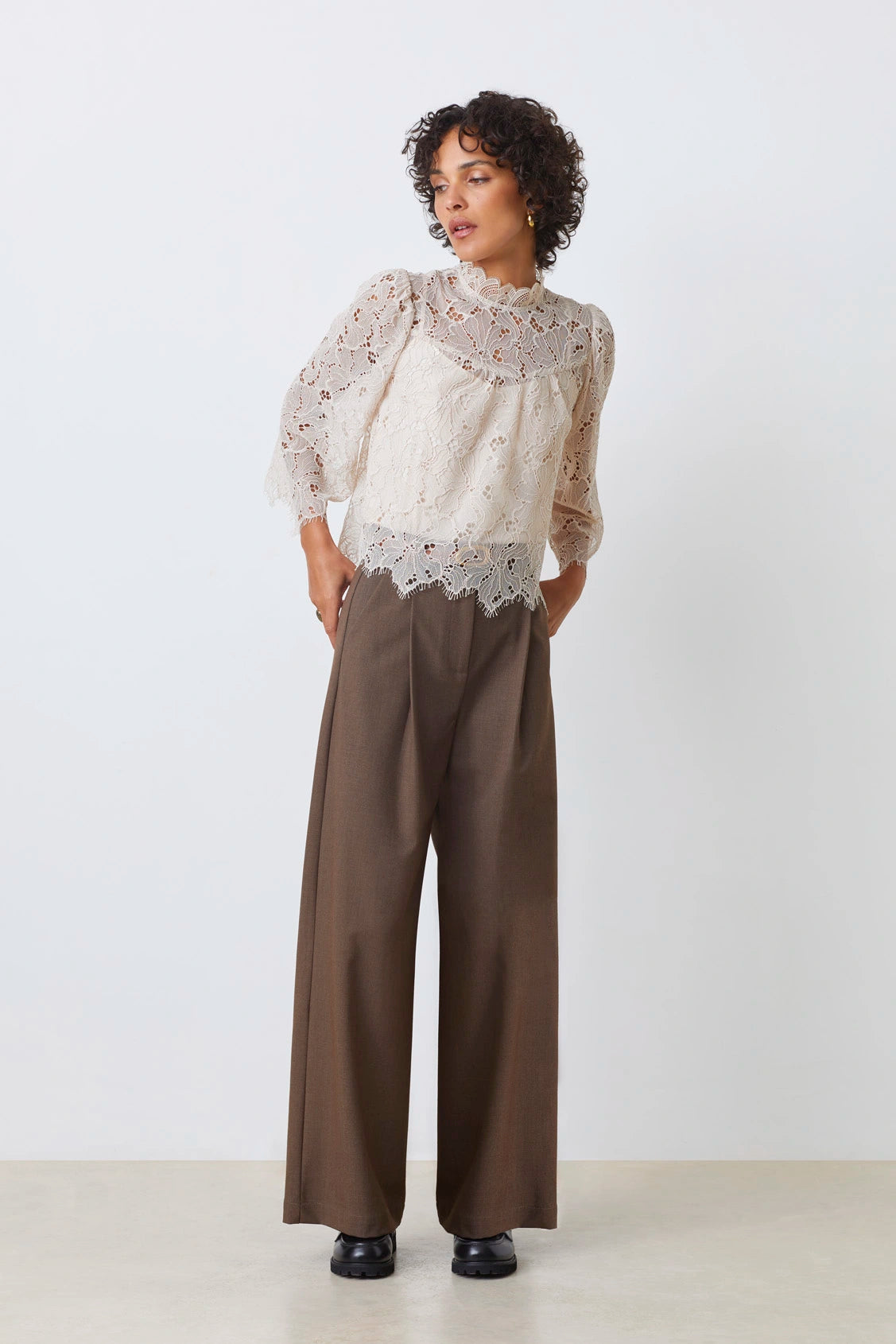Suncoo
High neck lace blouse - Beige – LUCIA