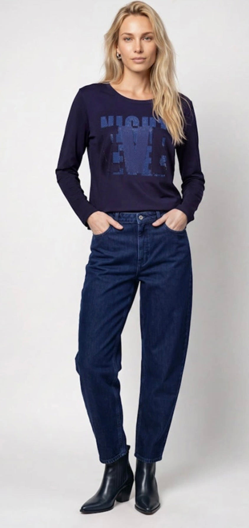 Monari Navy Rhinestone Graphic Long Sleeve Top.