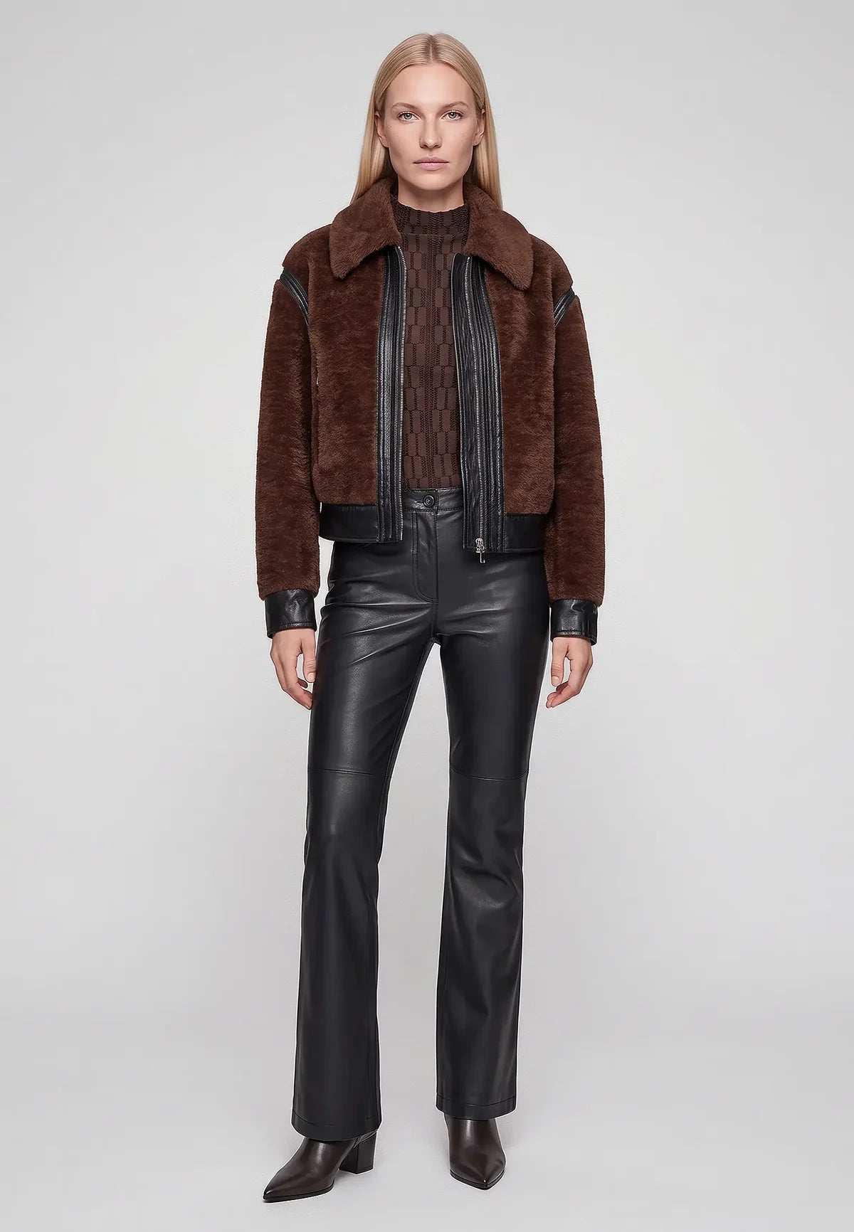 Faux Chocolate Fur Jacket In Biker Style