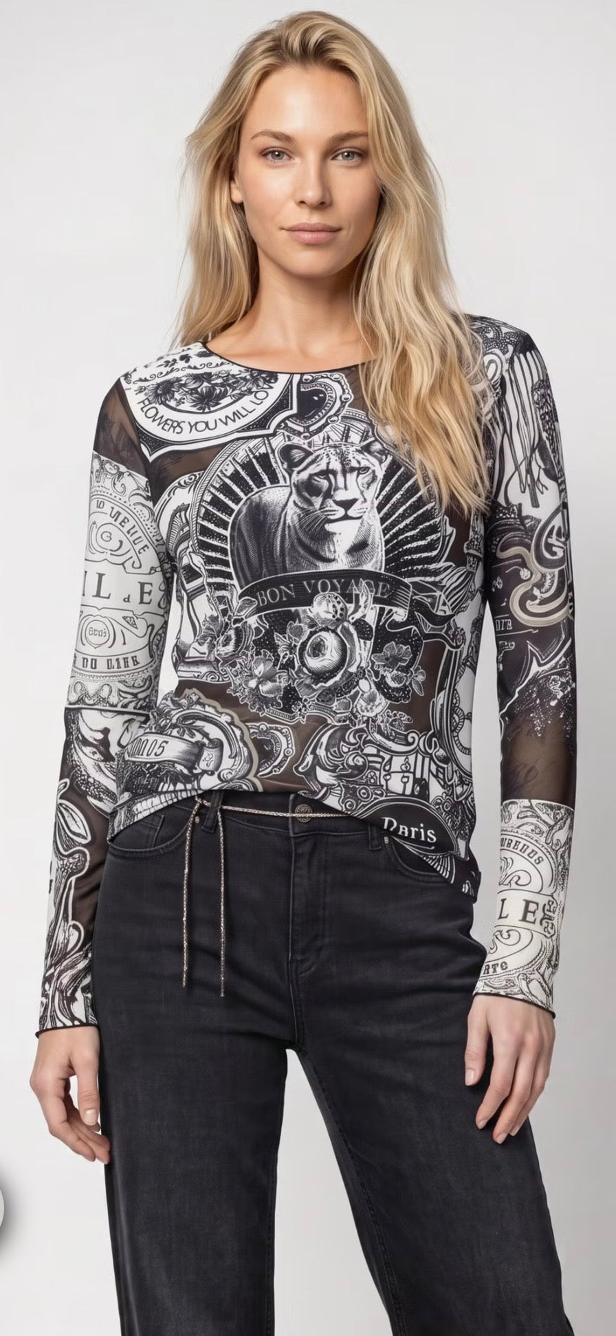 LONG-SLEEVE SHIRT WITH EMBLEM PATTERN IN BLACK/KHAKI
