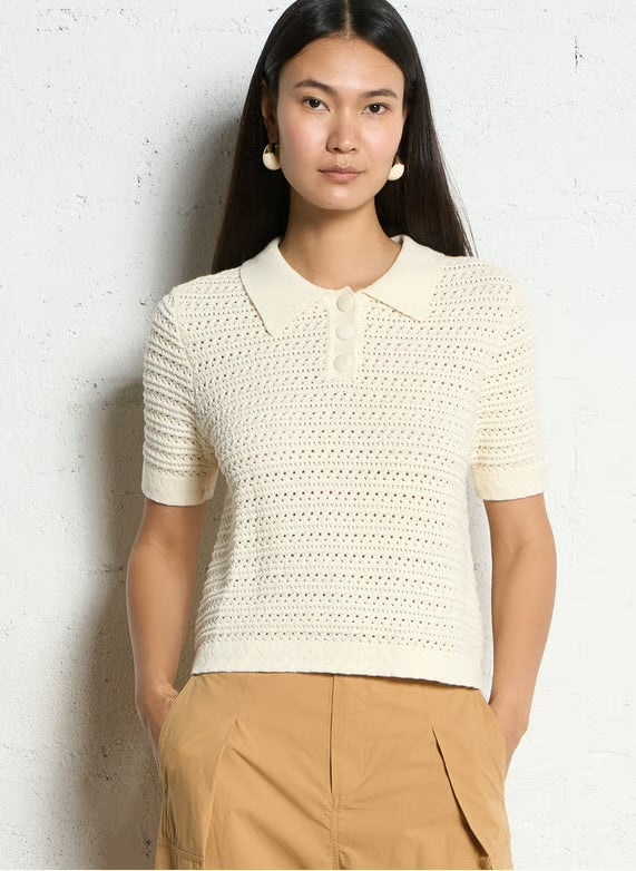 Suncoo Solid color polo neck crochet sweater -Creme – PRAKA