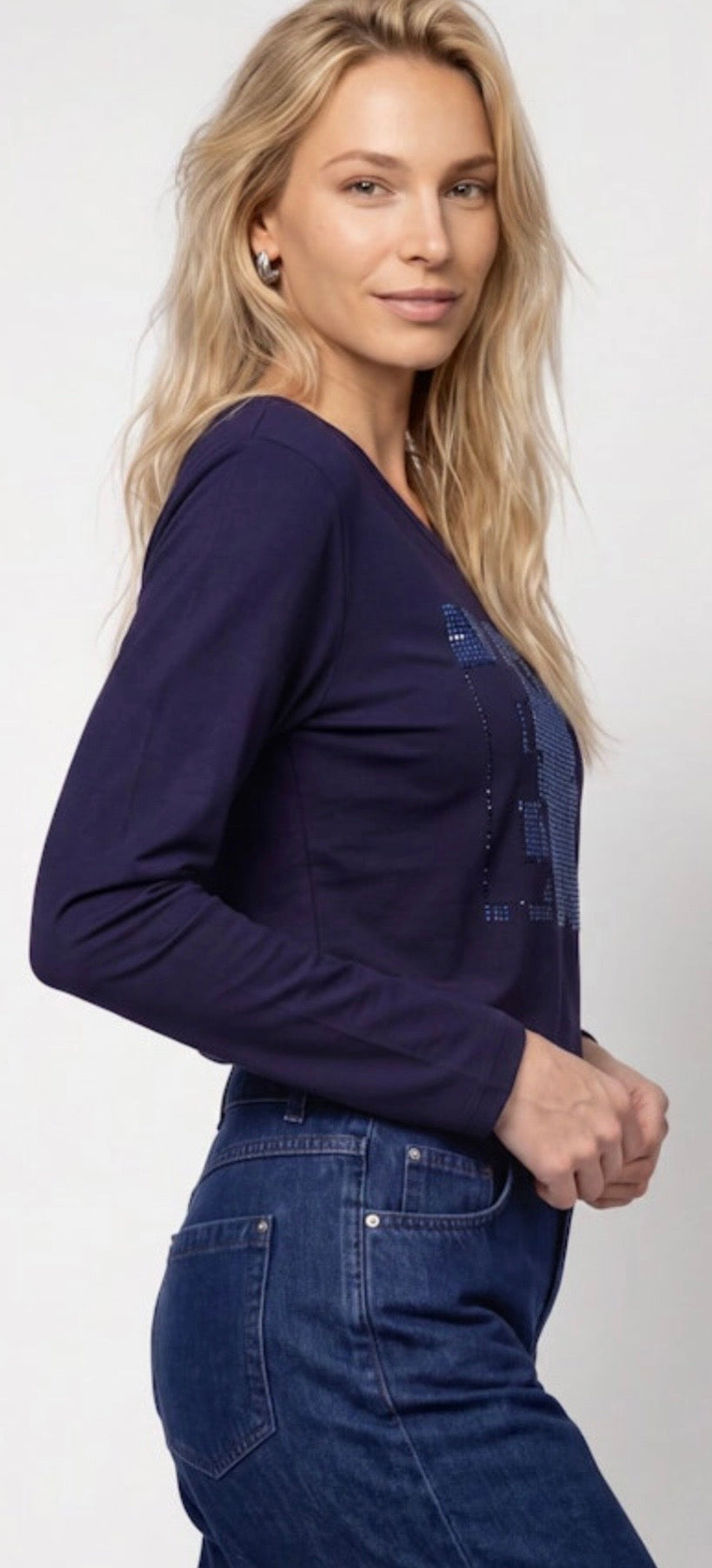 Monari Navy Rhinestone Graphic Long Sleeve Top.