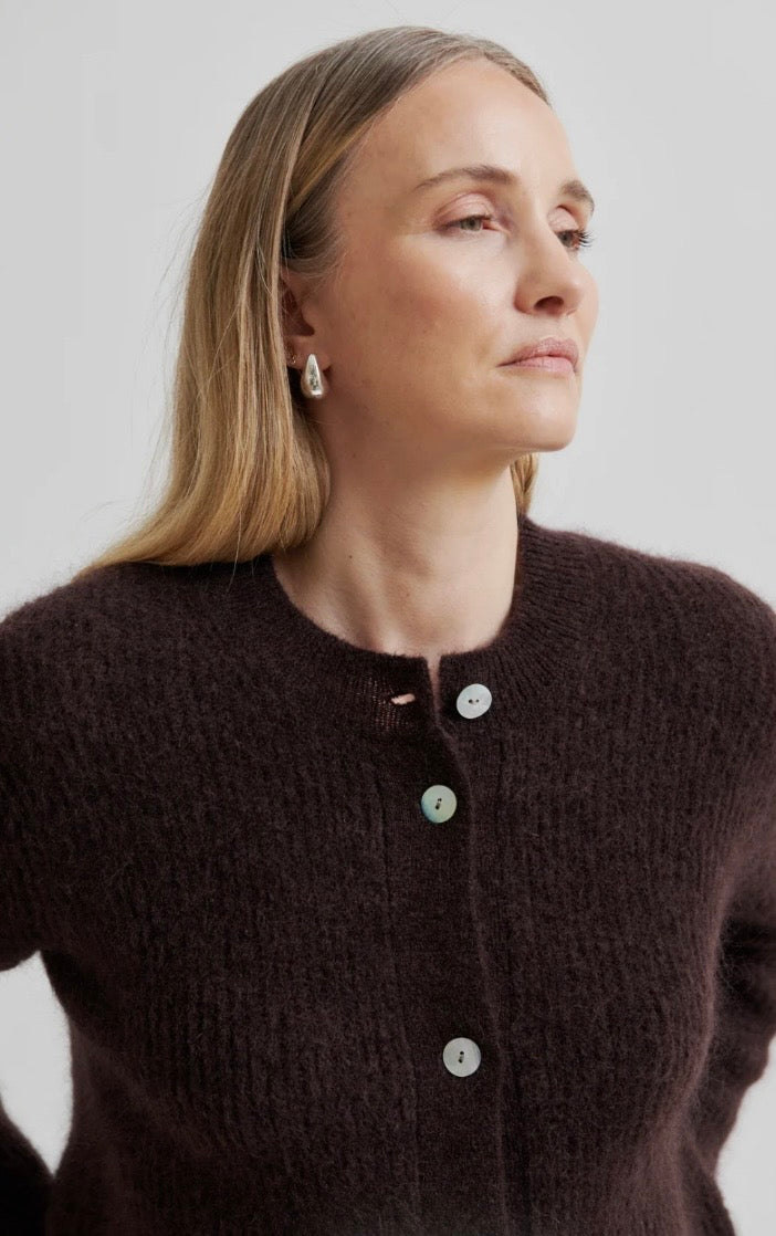 Andrea Knit Rib LS Cardigan in chocolate plum