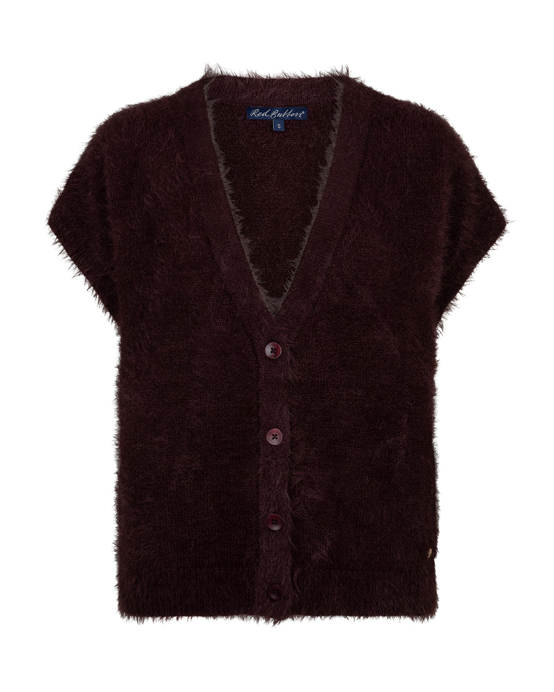 RED BUTTON SLEEVELESS FUZZY BURGUNDY