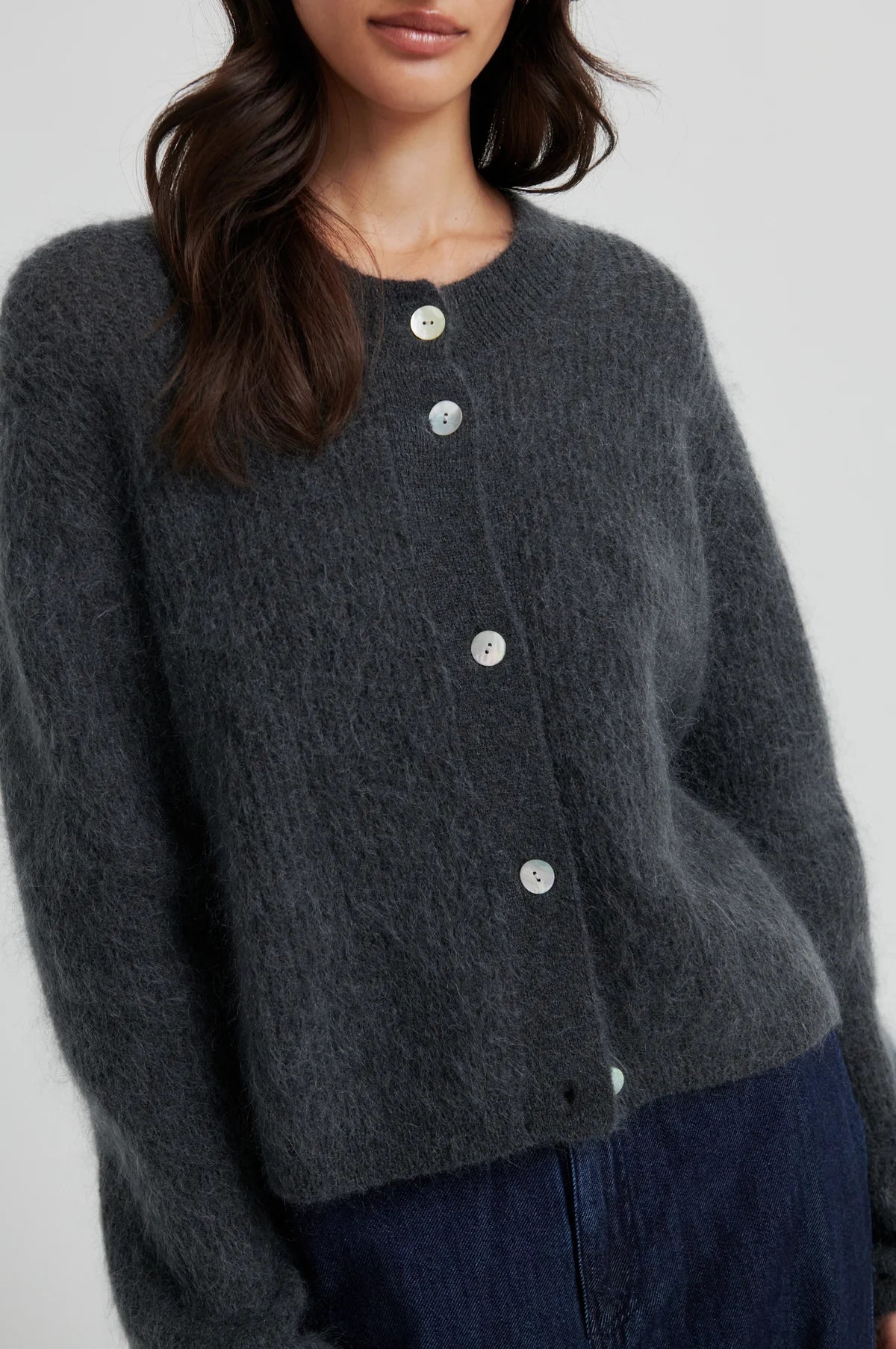 Andrea Knit Rib LS Cardigan in volcanic ash