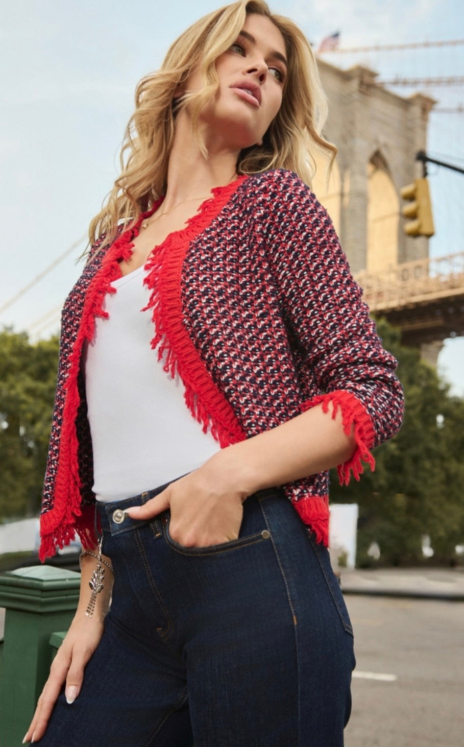NEW FRINGE TWEED CARDIGAN
COLOR:MARINE