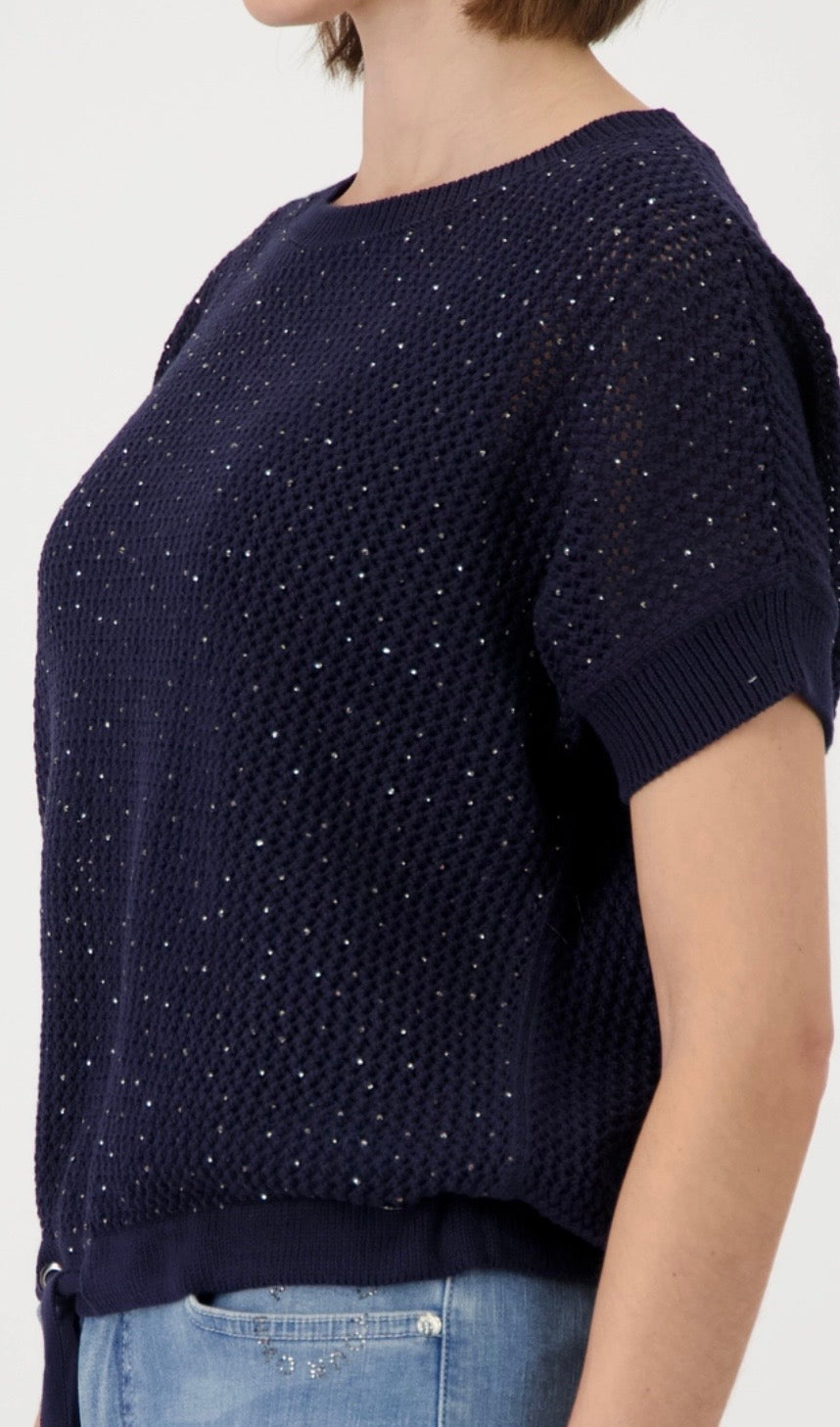 Ajour knitted jumper with rhinestones in marine