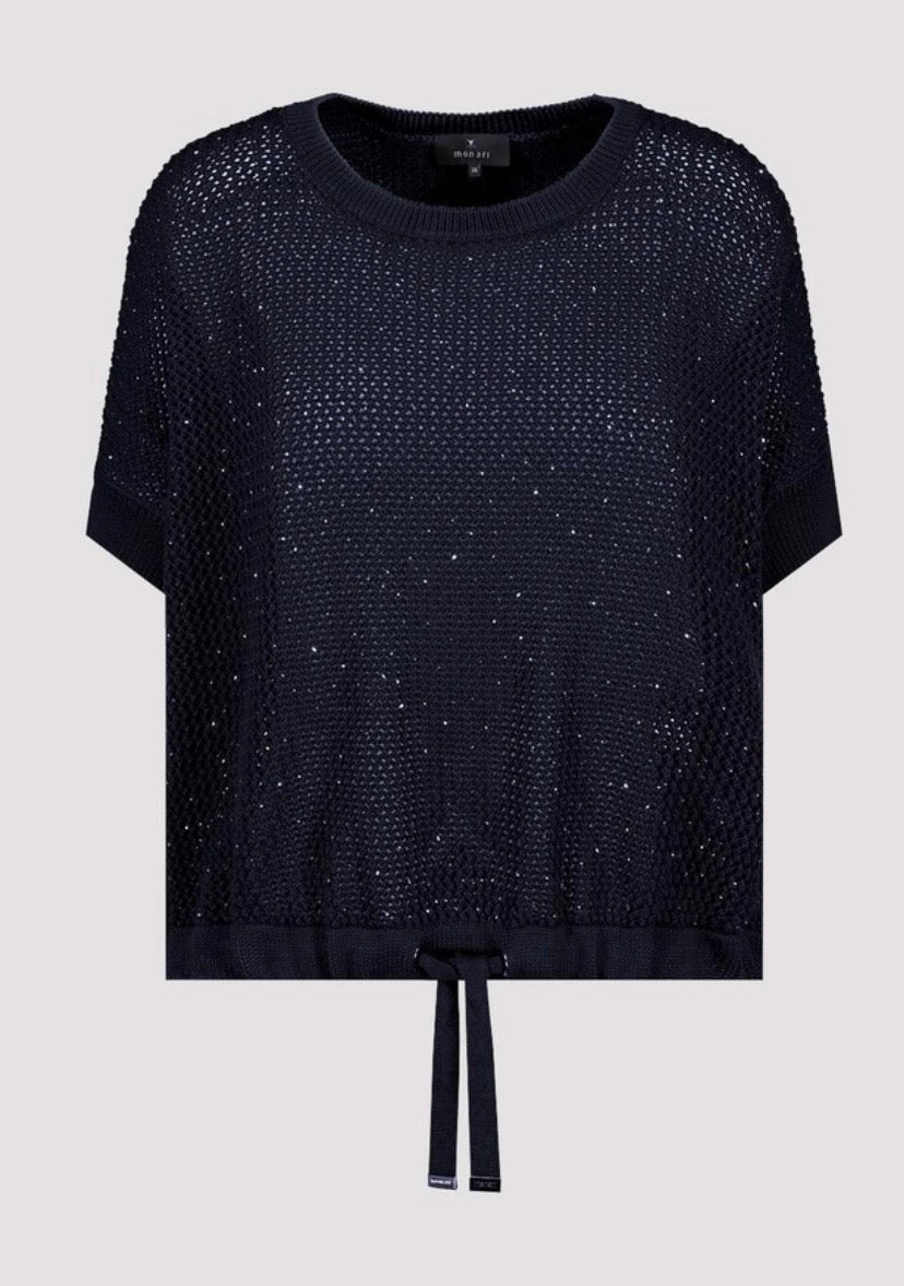 Ajour knitted jumper with rhinestones in marine