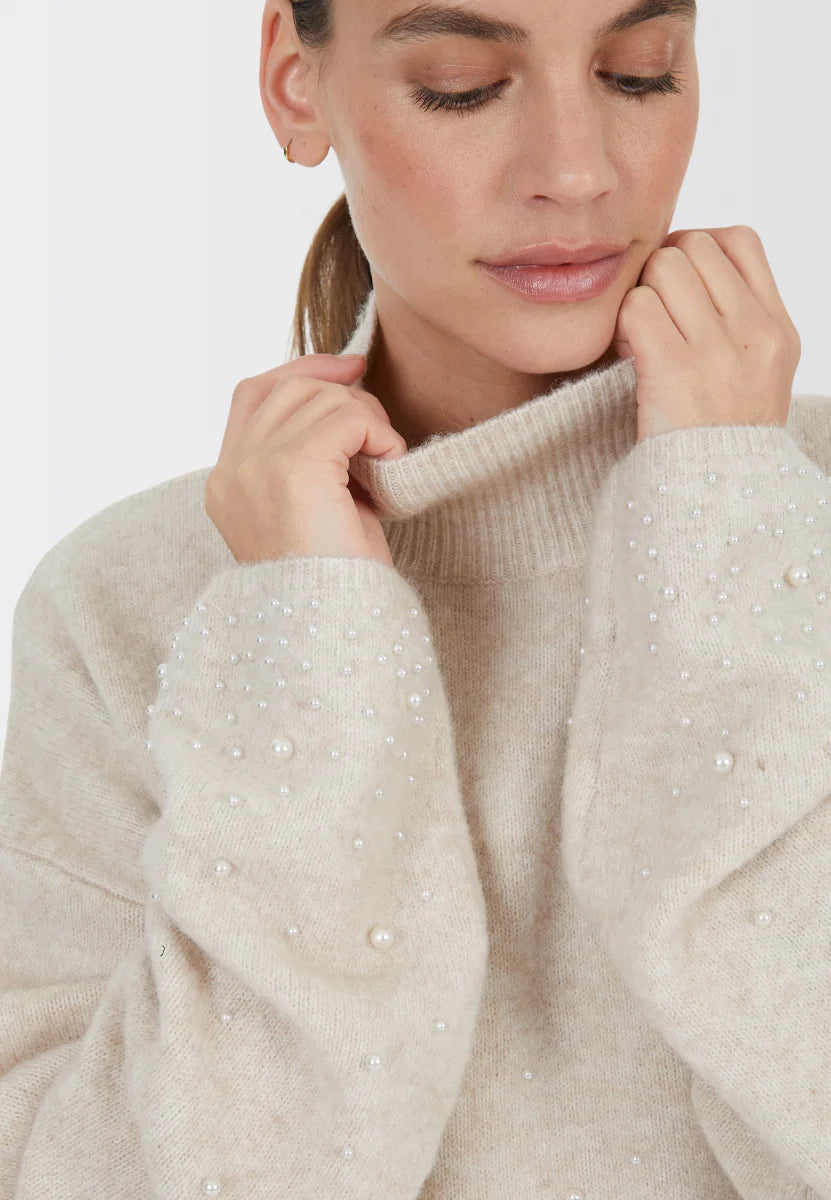 Sweater with beaded appliqué in biscuit melange