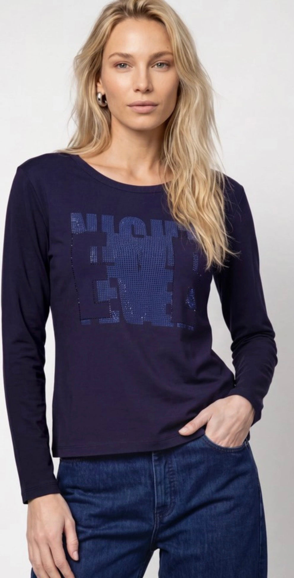 Monari Navy Rhinestone Graphic Long Sleeve Top.