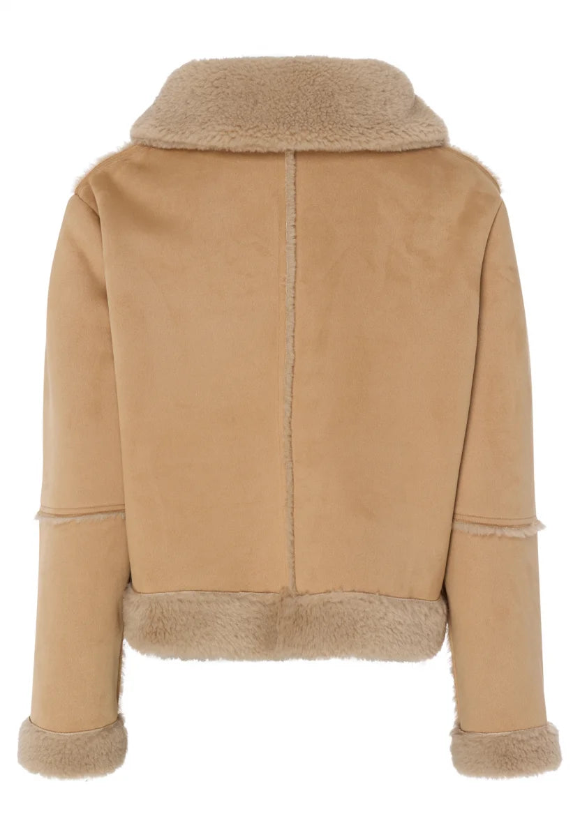 Faux fur jacket in shirt style in beige