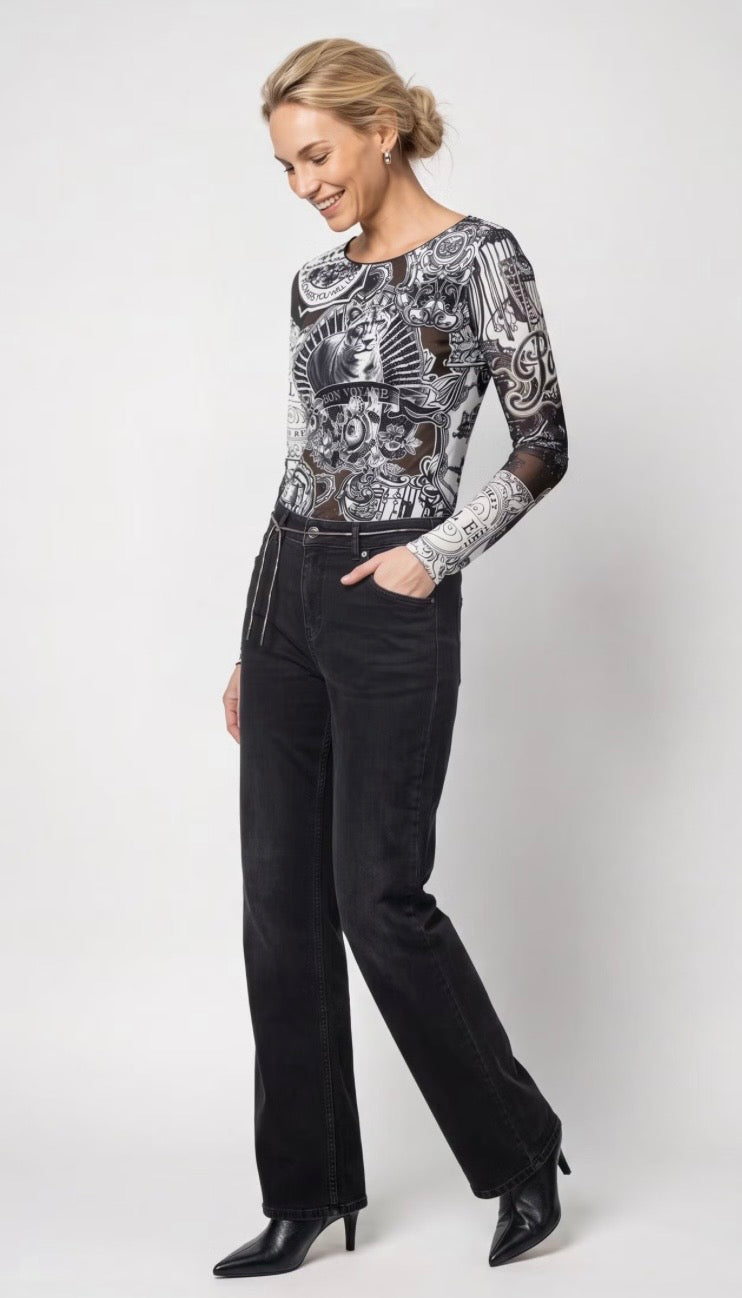 LONG-SLEEVE SHIRT WITH EMBLEM PATTERN IN BLACK/KHAKI