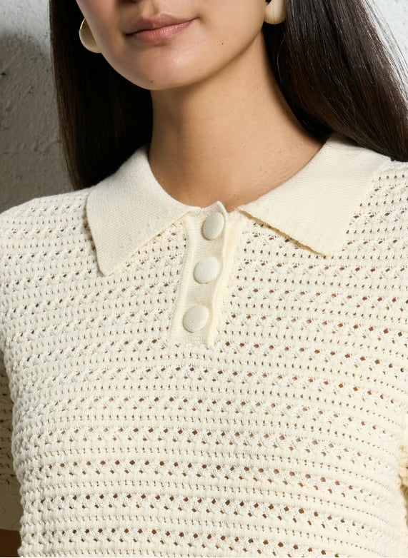 Suncoo Solid color polo neck crochet sweater -Creme – PRAKA