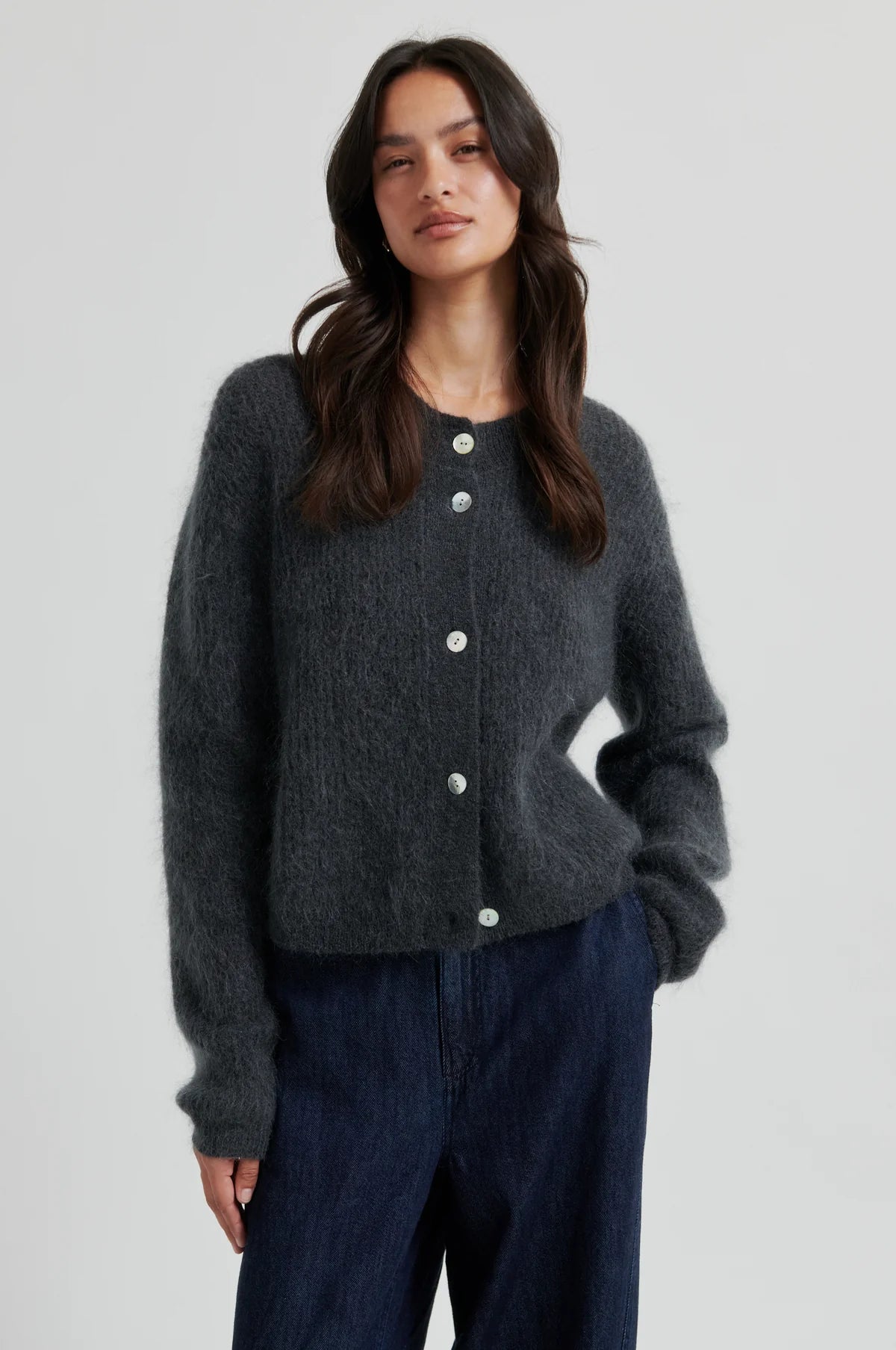 Andrea Knit Rib LS Cardigan in volcanic ash