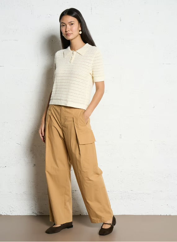 Suncoo Solid color polo neck crochet sweater -Creme – PRAKA