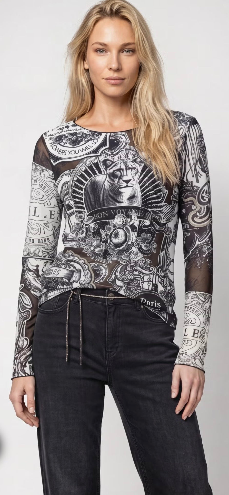 LONG-SLEEVE SHIRT WITH EMBLEM PATTERN IN BLACK/KHAKI