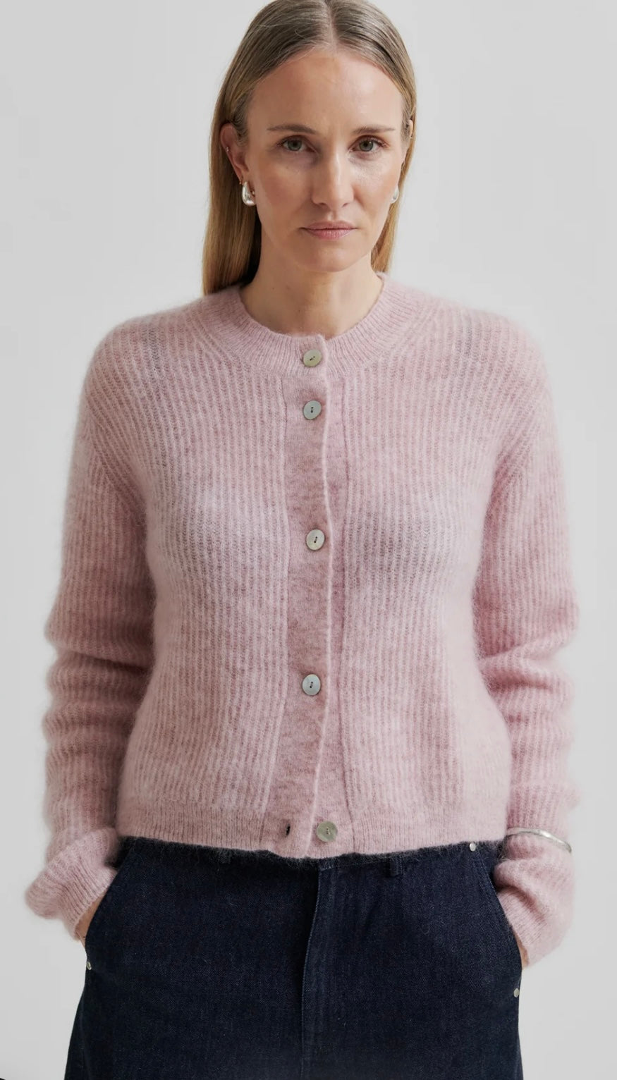 Andrea Knit Rib LS Cardigan in sepia rose