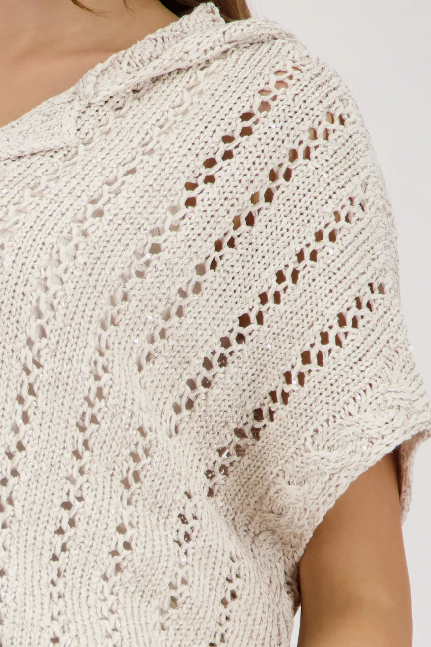 HOODED OPEN KNIT JACKET - CHAMPAGNE BEIGE