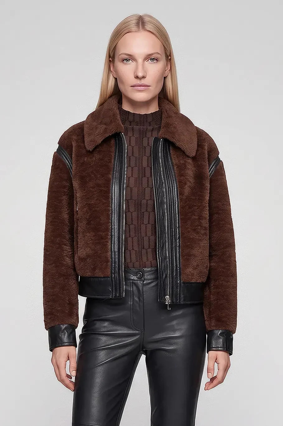 Faux Chocolate Fur Jacket In Biker Style