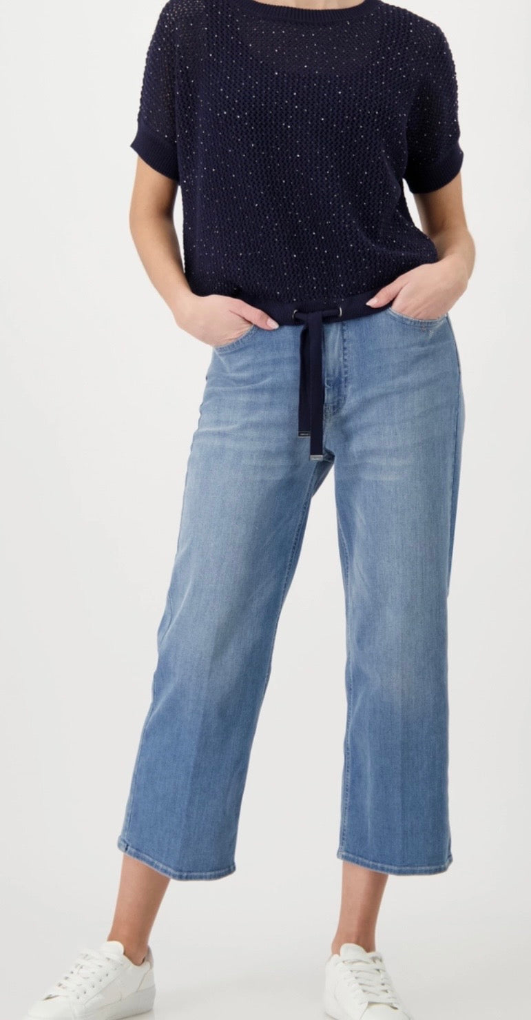 Ajour knitted jumper with rhinestones in marine