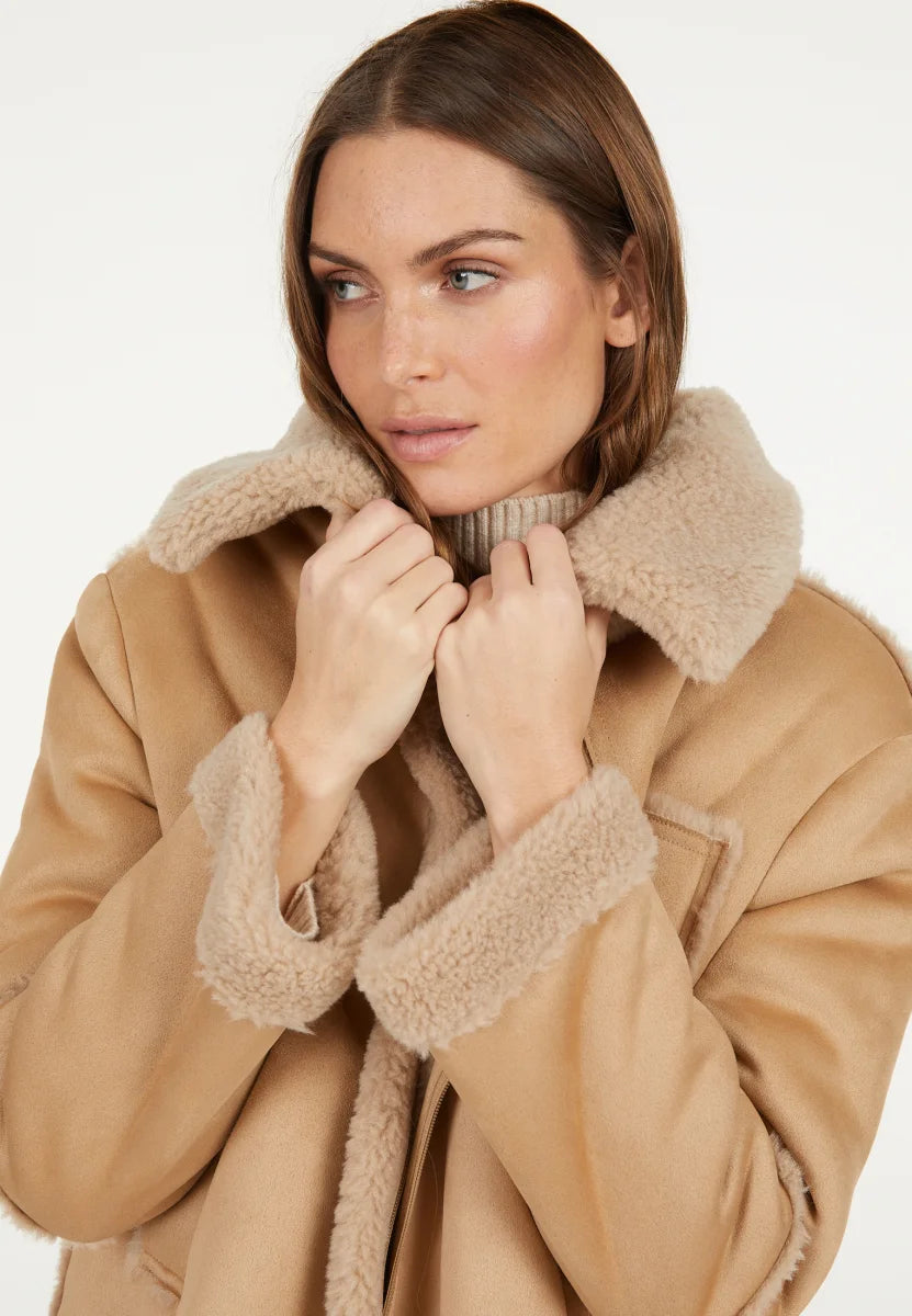 Faux fur jacket in shirt style in beige