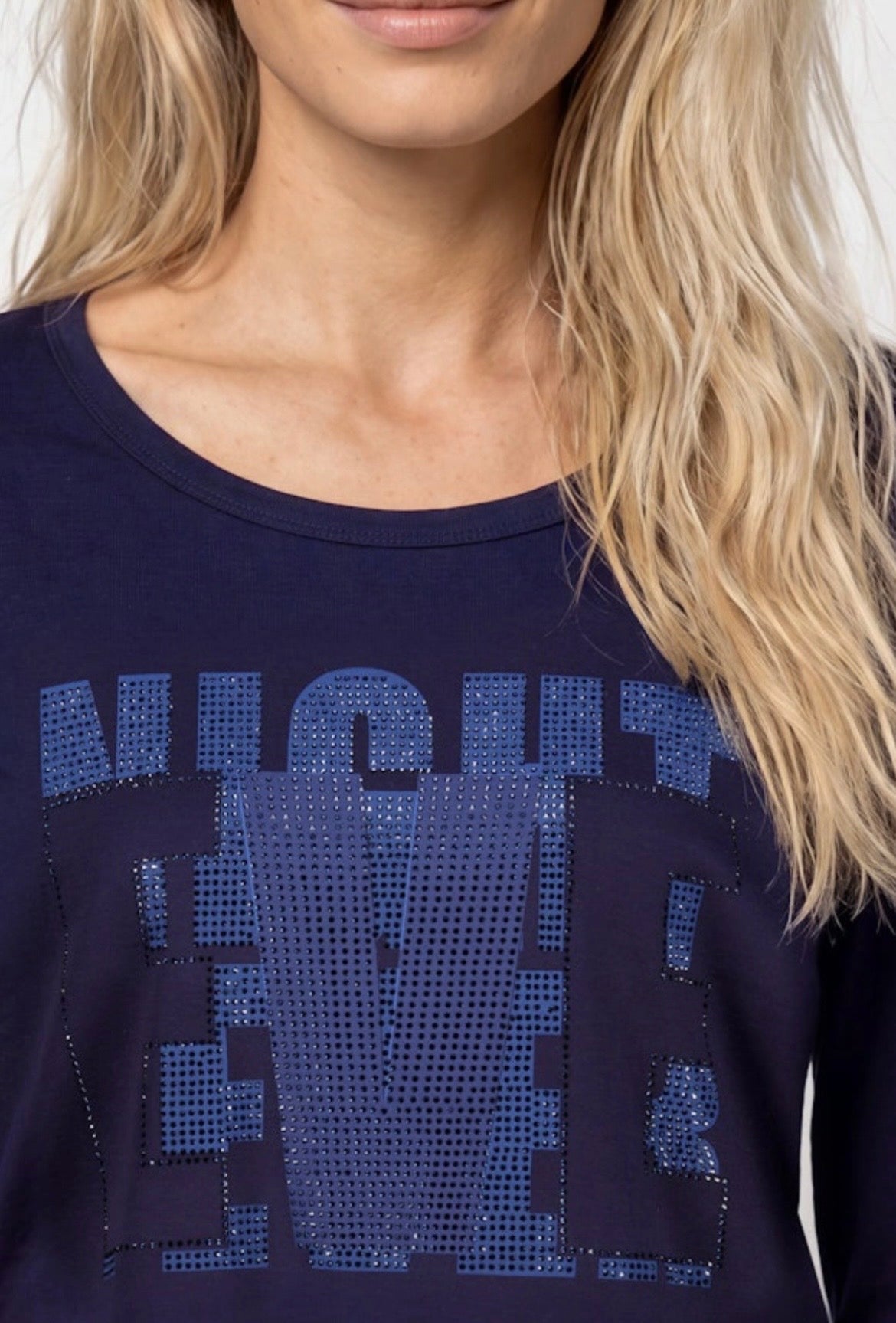 Monari Navy Rhinestone Graphic Long Sleeve Top.