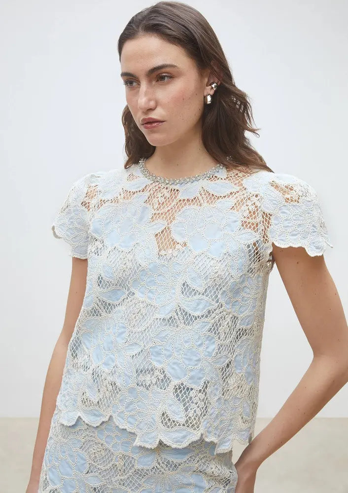 Suncoo Blouse Lexy Blue/Beige Lace Top