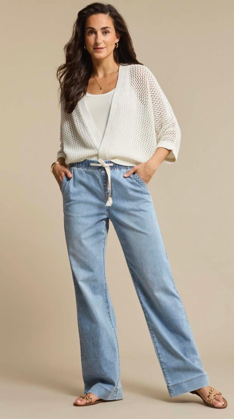 Red button Colette elastic waistband denim light stone